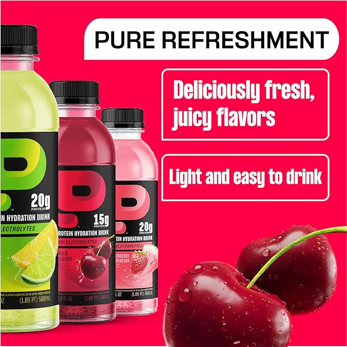 Protein2o Hydration Drink - 2-in-1 Liquid Clear Whey Protein Isolate and Electrolyte Drink - 15g ProteinVitamins B5B6 - Post-Workout Recovery - 16.9 Fl Oz - Wild Cherry(Pack of 24)