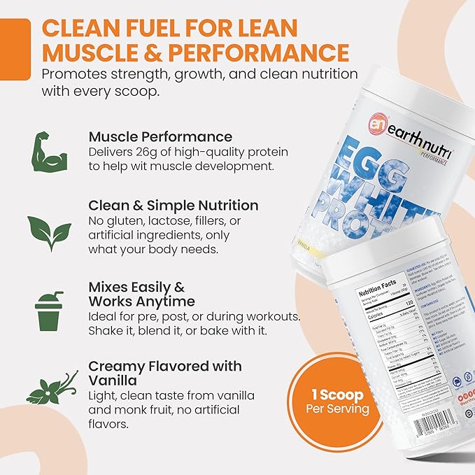 EarthNutri - Egg White Protein Powder Supplement for Pre Intra or Post Workout 26g of Protein Per Serving Supports Muscle Strength &amp Recovery No Artificial Additives - Vanilla 20 Servings (640