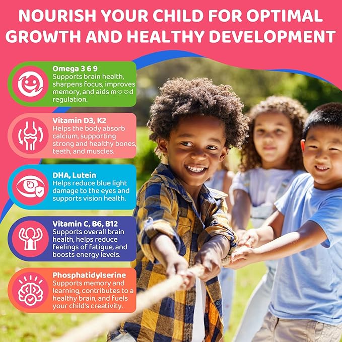 Kids Omega 3 Gummies for 4+ with DHA Vitamins D3 K2 C B6 Methyl B12 Luetin &amp PS No Fish Taste Sugar Free Omega 3 Fish Oil Alternative for Children for Brain Bone Eyes Focus Immunity 120 C