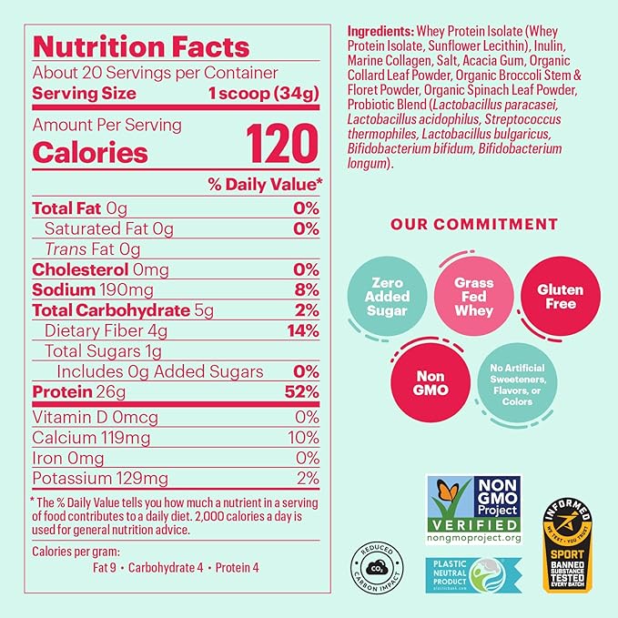 Natreve Whey Protein Powder - 26g Grass-Fed Whey Protein with Amino Acids Probiotics &amp Collagen - Gluten Free &amp Unflavored 20 Servings
