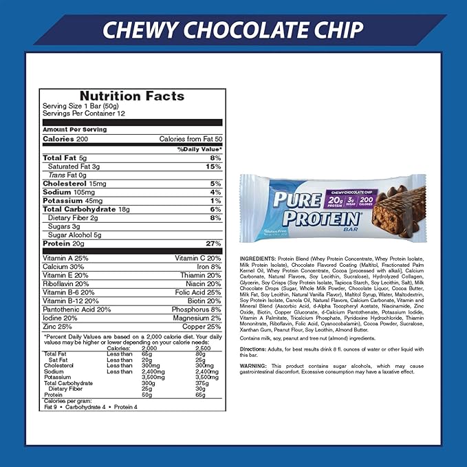 Pure Protein Bars High Protein Nutritious Snacks to Support Energy Low Sugar Gluten Free Chewy Chocolate Chip 1.76oz 6 Count (Pack of 2)