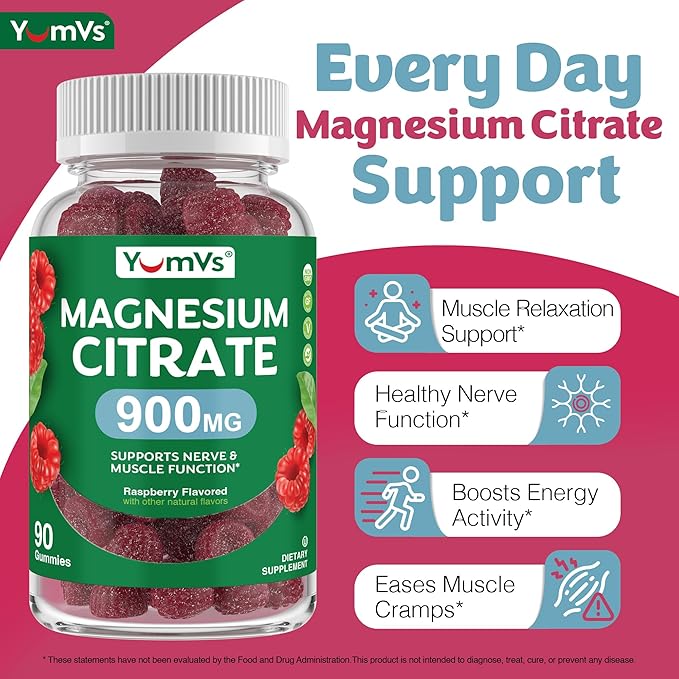 YUM-V'S Magnesium Citrate Gummies – 900mg Highly Absorbable Magnesium Gummies for Women &amp Men to Support Nerve Muscle &amp Enzyme Function – Gluten-Free Kosher &amp Raspberry Flavor 90 Count (