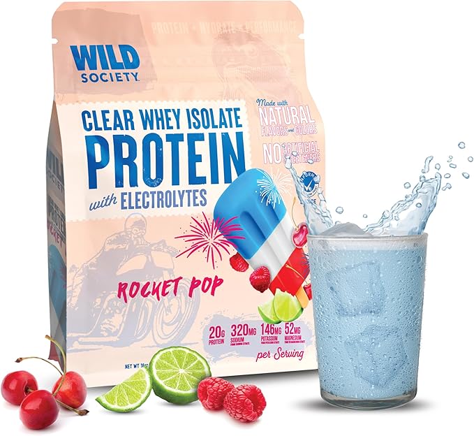 WILD SOCIETY - Clear Protein Powder + Electrolytes - 20g Clear Whey Protein Isolate Drink - Zero Sugar - 0g Lactose - Natural Flavors &amp Colors - Muscle Post Workout Recovery - Rocket Pop 16 oz