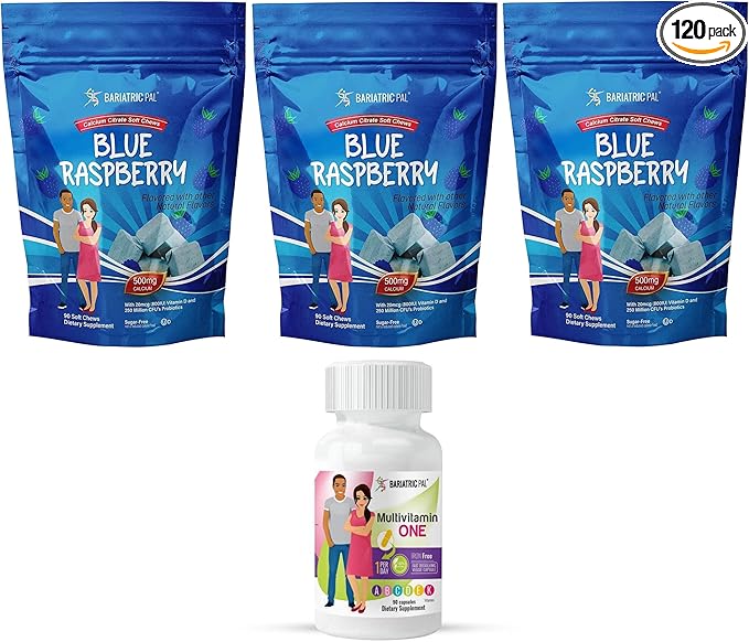 BariatricPal 90-Day Bariatric Vitamin Bundle (Multivitamin ONE 1 per Day! Iron-Free Capsule and Calcium Citrate Soft Chews 500mg with Probiotics - Blue Raspberry)