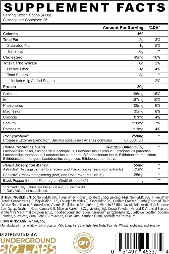Underground Bio Labs Panda Fuel Premium Protein WheyHydrolyzed CollagenCaseinProbiotics Enzymes Keto FriendlyTime Release 25 Servings (2.5 Pound Campfire S'Mores)