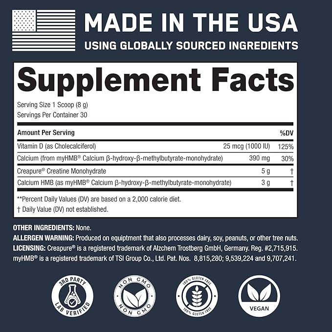 SteelFit Creatine HMB Powder - 5g Creapure Creatine Monohydrate Powder 3g myHMB &amp 1000 IU Vitamin D - Workout Supplement Supports Muscle Growth Strength Recovery &amp Energy - Unflavored 30 S