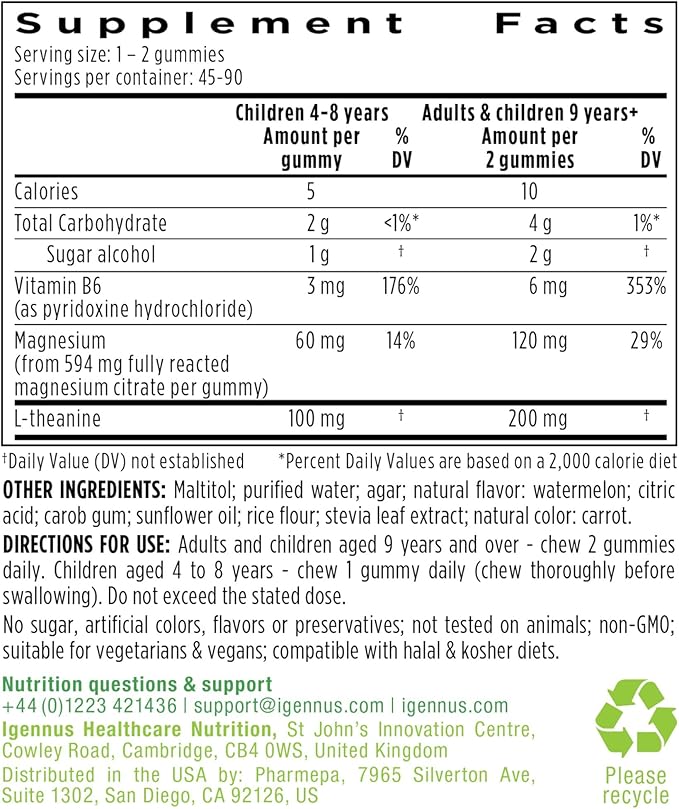 Igennus High Potency Calm Magnesium Gummies 60mg L-Theanine 100mg &amp Vitamin B6 3mg Daily Stress Support for Kids &amp Adults Clean Ingredients &amp Vegan Sugar-Free Watermelon Flavor 45-90