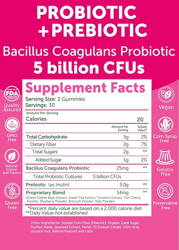 Lunakai USA Made Prebiotic + Probiotic Gummies for Women and Men - High Potency 5 Billion CFUs with Fibers - Non-GMO Gut Health Support - 3 Pack
