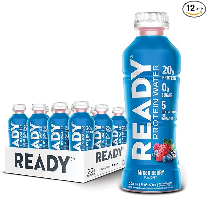 Ready® Clear Protein Water – 20g Whey Protein Isolate Zero Sugar Low-Calorie Sports Drink for Hydration &amp Recovery – Electrolytes Essential Amino Acids – Mixed Berry 16.9 fl oz Bottles (12-Pac