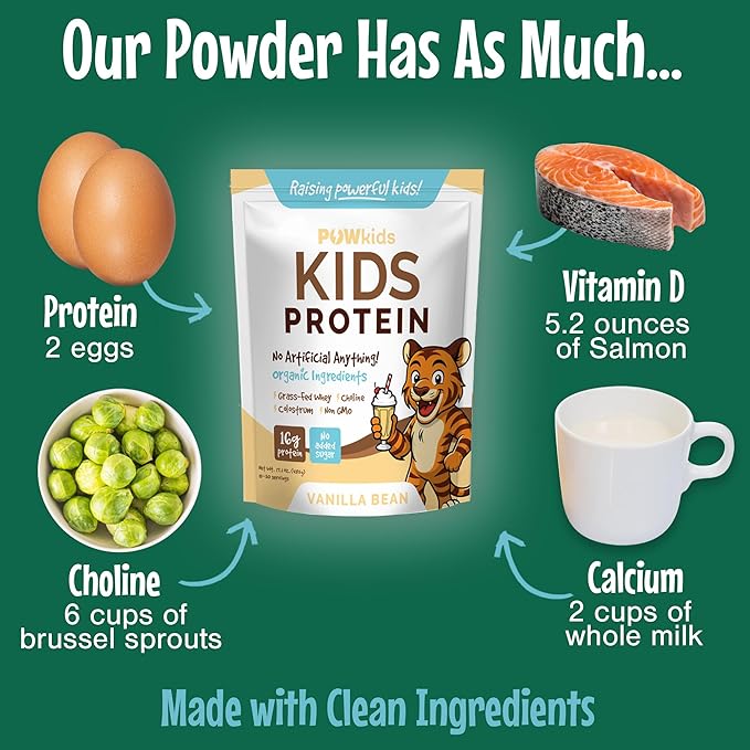 Kids Protein Shake Powder 16g – No Added Sugar Organic Ingredients Grass-Fed Whey Proteins – Calcium &amp Choline for Bone Strength &amp Brain Development Protein Shake – Vanilla