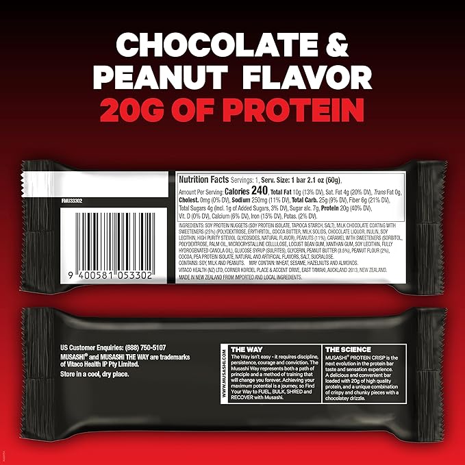 MUSASHI Protein Crisp Bar 20g Protein 4g Total Sugars Chocolate &amp Peanut Post Workout and Snack On The Go 12 Pack of 2.1oz (60g) Bars