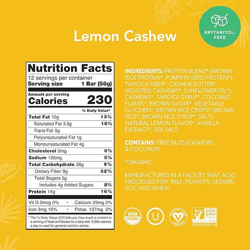 ALOHA Organic Plant Based Protein Bars - Lemon Cashew - 12-Count - Vegan Low Sugar Gluten-Free Paleo Low Carb Non-GMO No Stevia &amp No Erythritol
