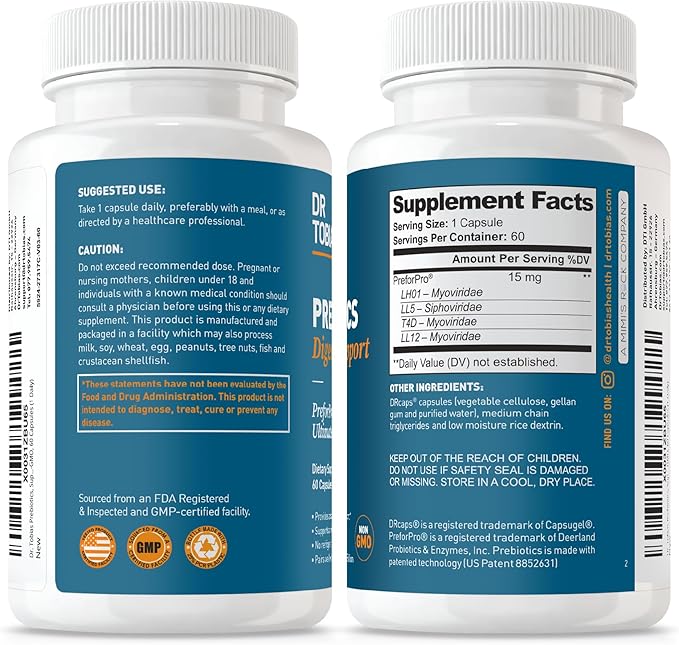 Dr. Tobias Prebiotics Digestive Support Advanced Prebiotic Supplement for Gut Health Immune Function &amp Boost for Probiotics for Women &amp Men Vegan Non-GMO 60 Capsules 60 Servings