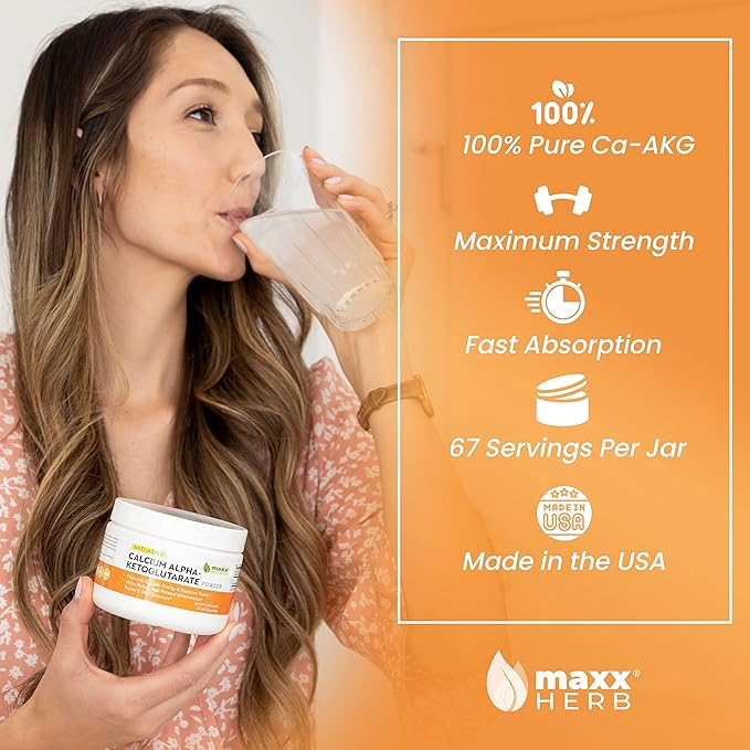 Maxx Herb Calcium AKG Pure Calcium Alpha - Ketoglutarate Powder (Ca-AKG) for Energy Vitality Mental Focus Clarity &amp DNA Structure Non-GMO &amp Gluten Free - 100 Gram Jar (67 Servings)