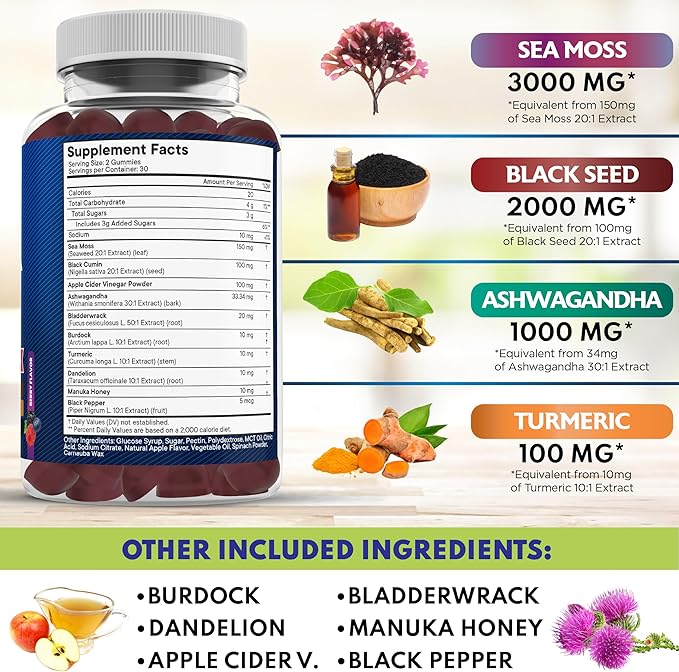 Sea Moss Gummies Sea Moss Black Seed Ashwagandha Turmeric Manuka Honey ACV Dandelion Black Pepper Burdock Bladderwrack Vegan - 60 Count