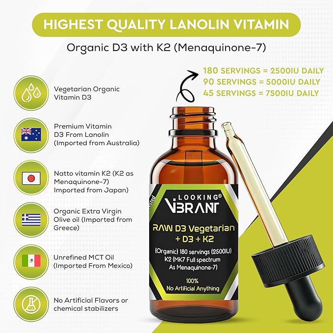Vitamin D3 + K2 (MK-7) Liquid Drops with MCT Oil &amp Olive Oil - Vegetarian Non-GMO Soy-Free Gluten-Free Alcohol-Free 1 Bottle 2 Fl Oz (60 ml) - 180 Servings (2500 IU per Serving)