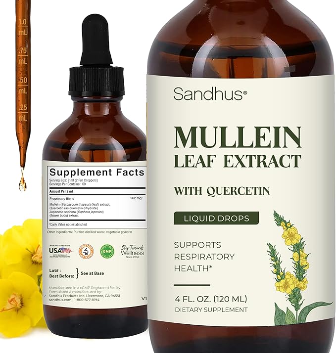 Sandhu's Mullein Drops for Lungs | Mullein Leaf Extract Supplement for Immune Lung &amp Respiratory Health Support | Alcohol Free Natural Herbal Tincture | 4 fl oz 2 Months Supply