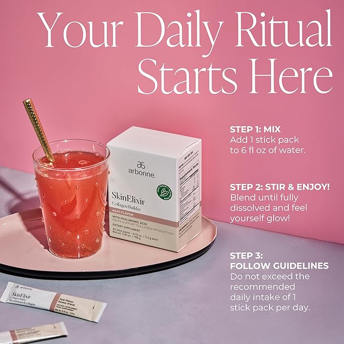Arbonne Gut Health Digestion Support and BeWell Superfood Greens Powder with SkinElixir Collagen Powder Builder (Açaí)