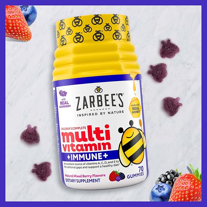 Zarbee's Complete Kids Multivitamin Gummies + Immune Support Berry Flavor Honey-Sweetened Gluten-Free &amp Gelatin-Free Vitamins A C D3 E B6 B12 Folic Acid &amp B-Complex 70 Count (Pack o