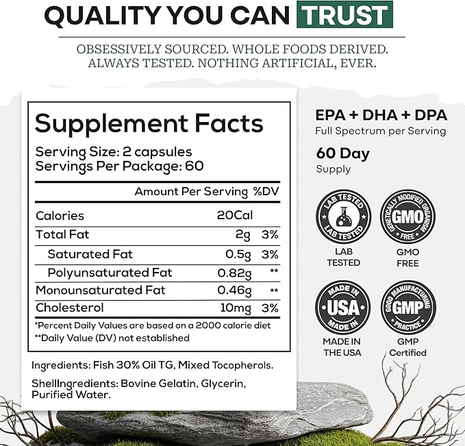 Wild Foods Omega 3 Fish Oil Supplement 120 Capsules (2 pk) | Wild Caught Burpless Odorless Non-GMO Gluten Free | DPA DHA EPA Triple Strength Joint Nutrition for Women &amp Men