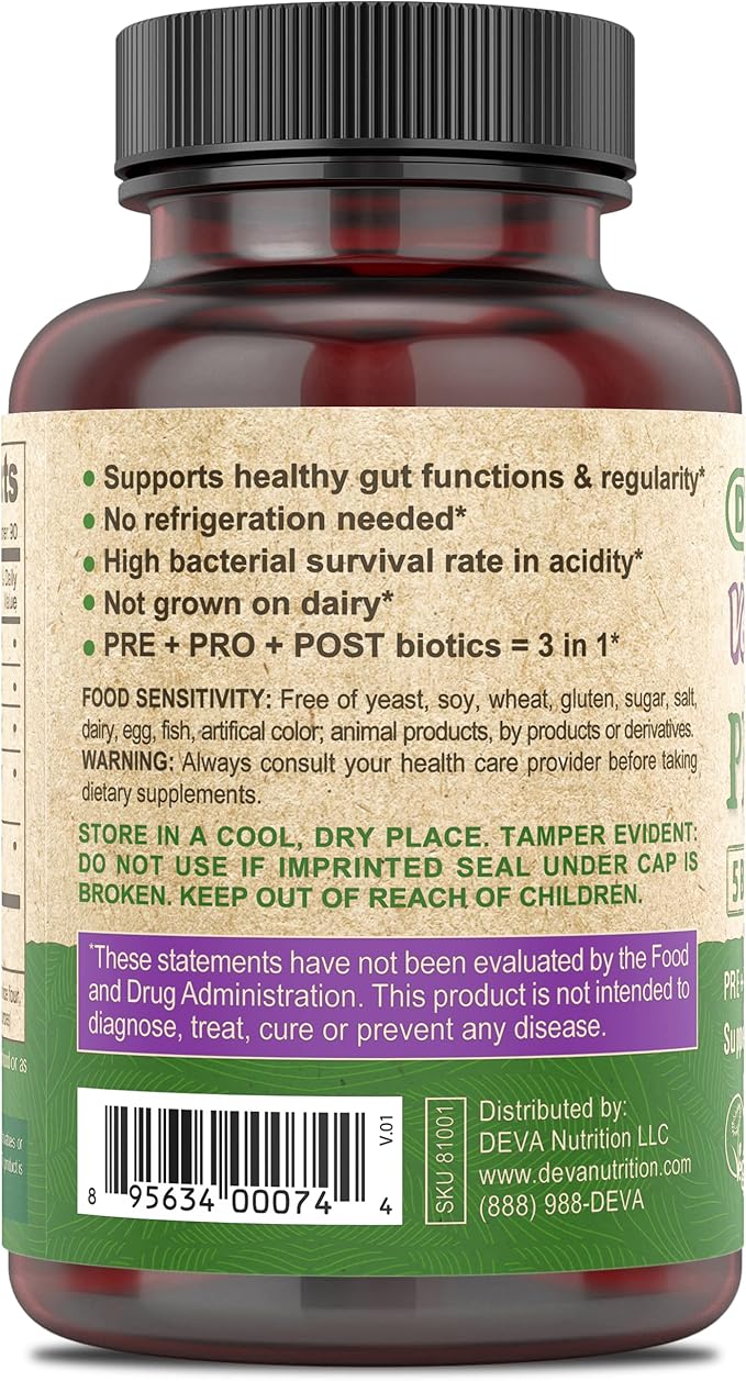 DEVA Vegan Probiotic Supplement - Pre Pro and Postbiotics for Digestive Health 5 Billion CFU Soil-Based Spore-Forming Dairy Free FOS Prebiotics for Women and Men Vegan Capsules 90 Count