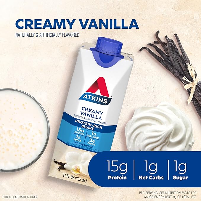 AtkinsCafé Caramel Iced Coffee Protein Shake 15g Protein Low Glycemic 3g Net Carb 1g Sugar &amp Creamy Vanilla Protein Shake 15g Protein Low Glycemic 2g Net Carb 1g Sugar Keto Friendly