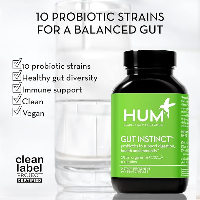 HUM Gut Instinct Daily Probiotics for Women and Men Digestive Health Lactobacillus Bifidobacterium Strains for Immune Support Probiotic Supplement for Healthy Gut Diversity 90 Capsules