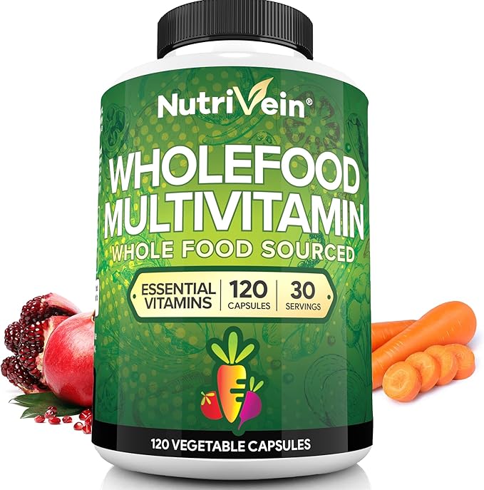 Nutrivein Whole Food Multivitamin for Men &amp Women – 120 Vegan Multivitamin Caps for Adults – Daily Energy Immune &amp Heart Support – Raw Fruit &amp Veggie Blend + B Vitamins - Not Intended for