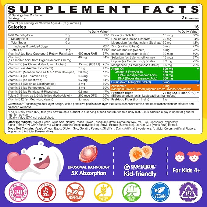 Kids Multivitamin Gummies with Iron 450mg Algae Omega-3 Methylated B12 Folate Fiber 2g Probiotics Magnesium A C D K Zinc Children Vitamins for Growth Brain Eye Gut Immune Sugar Free