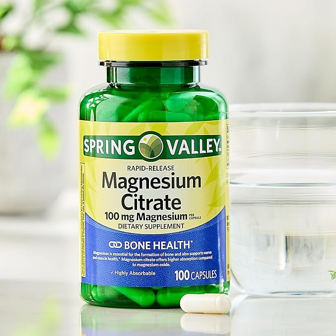 Spring Valley Magnesium Citrate | Citrato de Magnesio 100mg Capsules | Best Magnesium Supplement for Women | Magnesium Pill | 100 mg 100 Capsules - Set by Basket Goods