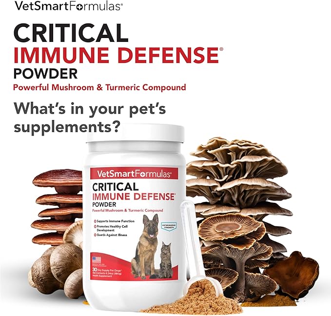 Critical Immune Defense for Dogs &amp Cats Supports Normal Cell Growth - Turkey Tail Reishi Shiitake and Maitake Mushroom Formula with Patented White Turmeric Root Extract - 30-Day Supply