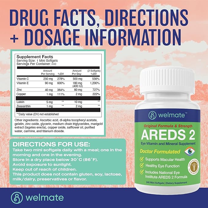WELMATE AREDS 2 Eye Vitamins 240 Mini Softgels (4 Month Supply) - Lutein 5mg and Zeaxanthin 1mg with Vitamin C E Zinc - Gluten Free