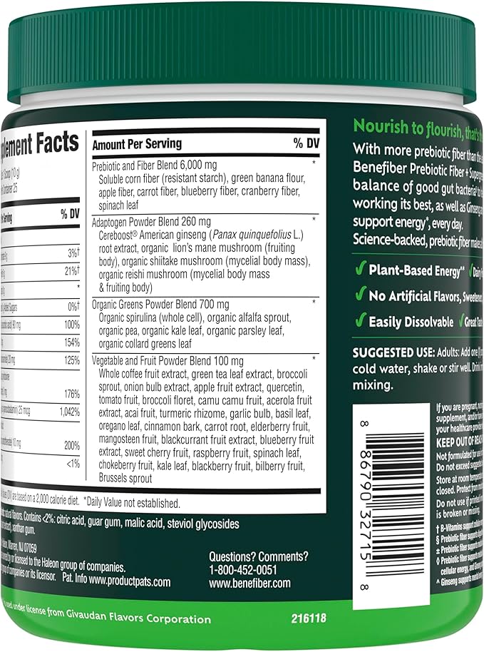 Benefiber Prebiotic Fiber + Supergreens Dietary Supplement Powder Watermelon Lemonade Flavor 8.8 oz (250g)