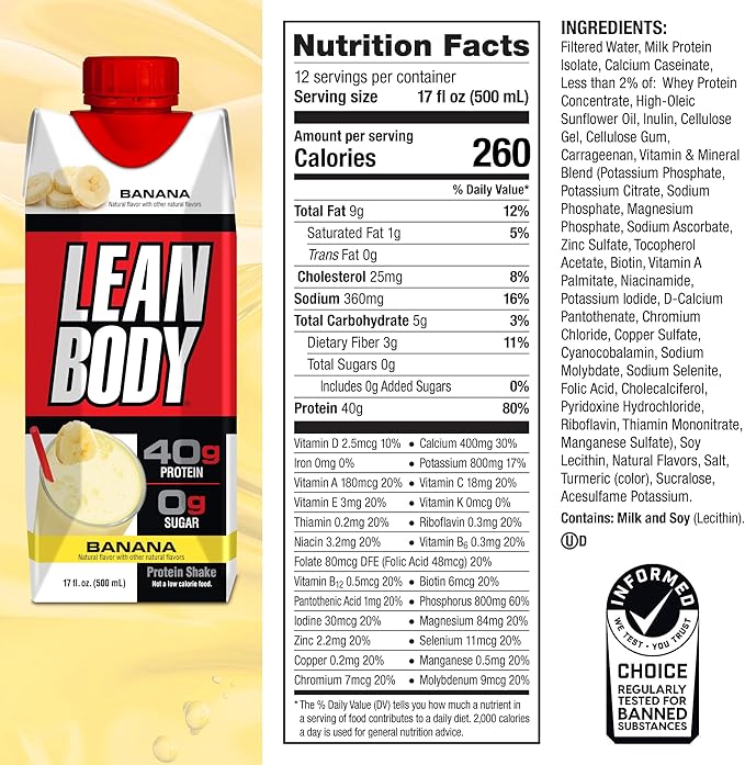 Labrada Lean Body Ready-to-Drink Banana Protein Shake40g ProteinWhey Blend0 SugarGluten Free22 Vitamins &amp Minerals17 Ounce (Recyclable Carton &amp Lid - Pack of 12) LABRADA
