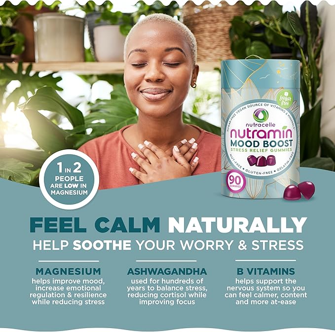 NUTRAMIN Mood Boost Multivitamin Gummy - Delicious &amp Yummy Anti-Stress Magnesium Ashwagandha Gummies + B Complex Vitamins for Focus and Calm - Sugar-Free Vegan Gluten-Free Allergy-Safe (90 Coun