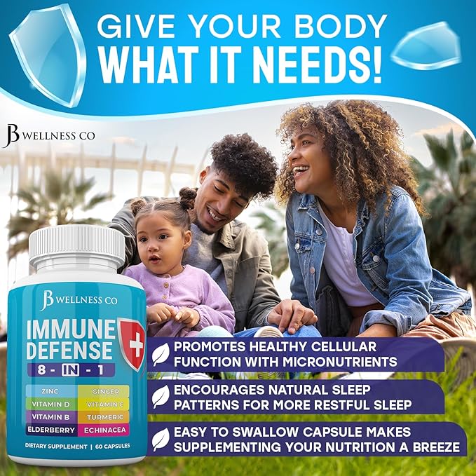 Immune Support 8 in 1 Capsules - Zinc Supplement Vitamin D3 Vitamin C and Elderberry - Immune Booster Supplement with Echinacea Ginger Root and Turmeric - [3-Pack 180 Count]
