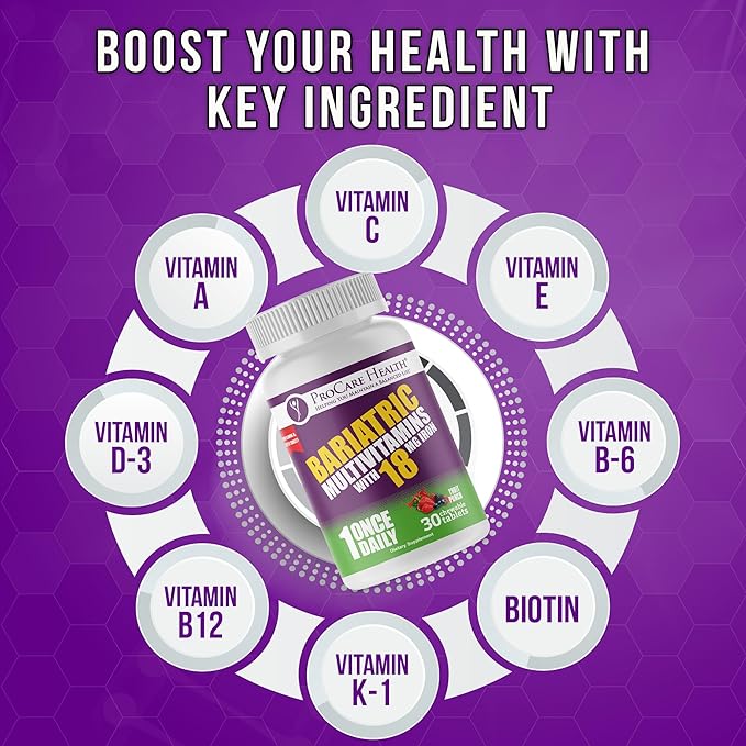 ProCare Health Bariatric Chewable Multivitamin with Iron 18mg (30 Tablets) - Fruit Punch Flavor Bariatric Multivitamin Chewable for Gastric Bypass &amp Sleeve Gastrectomy Patients* (1 Month Supply)