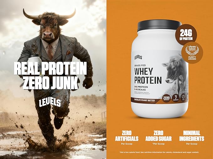 Levels Grass Fed Whey Protein Powder No Artificials 24G of Protein Chocolate Peanut Butter 2LB