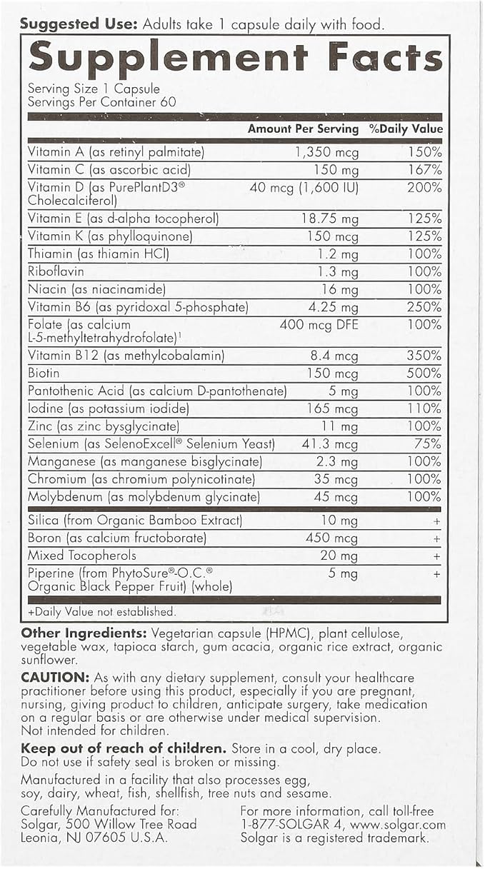 Solgar One Daily Women's Multi 50+ Whole Body Support for Women 50 and Older - Highly Absorbable Heart Bone &amp Breast Health Energy Stress Hair Skin &amp Nails Multivitamin 60 Vegan Capsule S