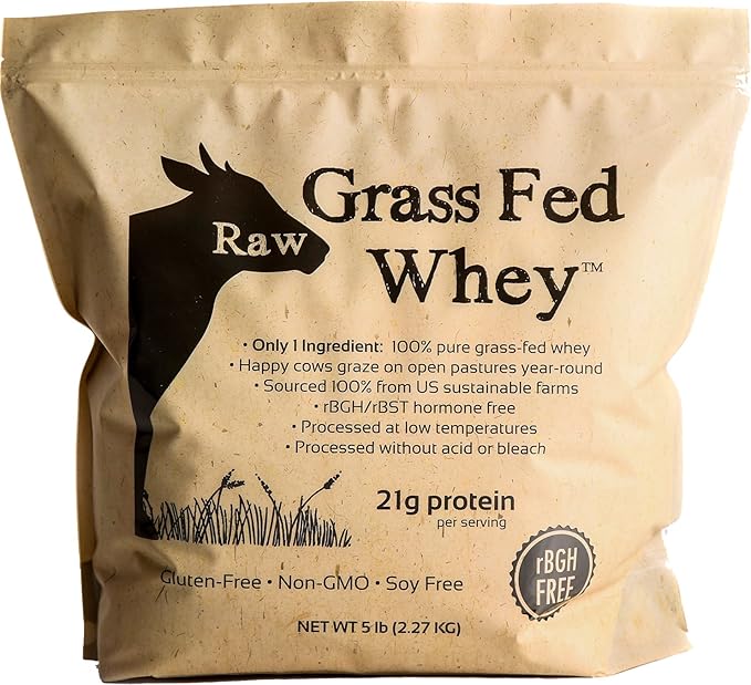 Raw Grass Fed Whey Protein Powder – Unflavored Only 1 Ingredient: Grass-Fed Whey from Happy Healthy Cows – Undenatured Non-GMO Hormone-Free Gluten-Free Made in USA 5LB