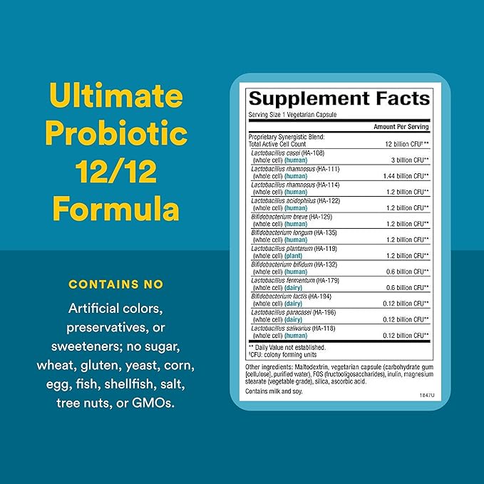 Natural Factors Ultimate Probiotic 12/12 Formula - Digestive Health Support Supplement with Probiotics - Immunity &amp Gut Health Support Supplement - 120 Vegetarian Capsules (120 Servings)