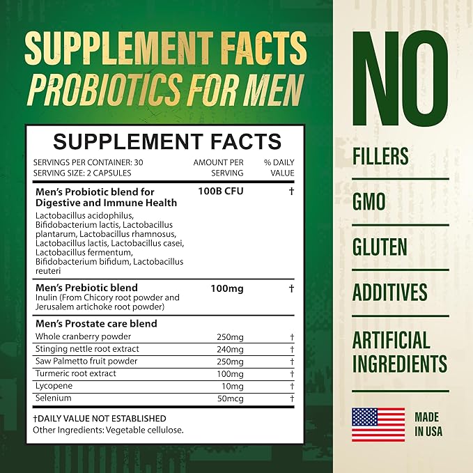 Probiotics for Men with Prebiotics - Men Probiotic Supplement for Digestive Health Gut Health Immune Health Bloating and Prostate Care - Strains Shelf Stable Gluten &amp Soy Free 60 capsules.