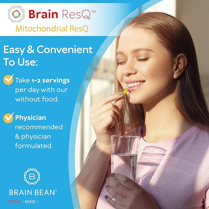 Brain ResQ Advanced Mitochondrial Formula with PQQ CoQ10 Trans Resveratrol MenaQ7 &amp Quercetin Supplement - 100mg of CoQ10 &amp 15mg PQQ – Supports Brain Heart &amp Cellular Health – 60 Capsu