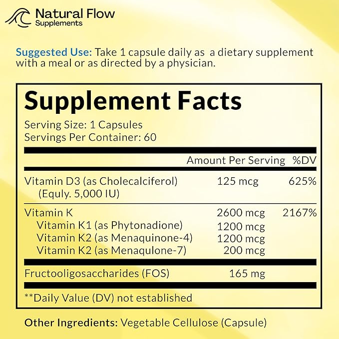 Vitamin D3 with K2 and K1 Supplement - Natural Flow Vitamin D3 and K Complex D3 5000iu with Vitamin K2 MK4 + MK7 and K1 for Bone Heart and Immune Support - 60 Capsules