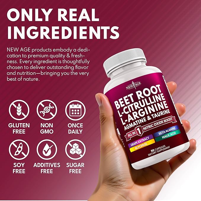 NEW AGE Beet Root Capsules - L Arginine L Citrulline Nitric Oxide Beetroot Powder Arginine Citrulline Supplement – 180 Vegan Capsules