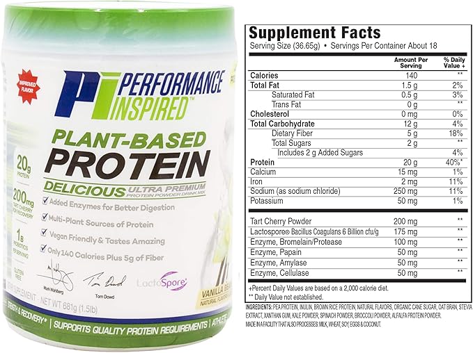 Performance Inspired Nutrition Plant-Based Protein Powder – All Natural – 20G Protein – 1B Probiotics – Digestive Enzymes – Fiber Packed – Gluten Free – Vanilla Bean – 1.5lb
