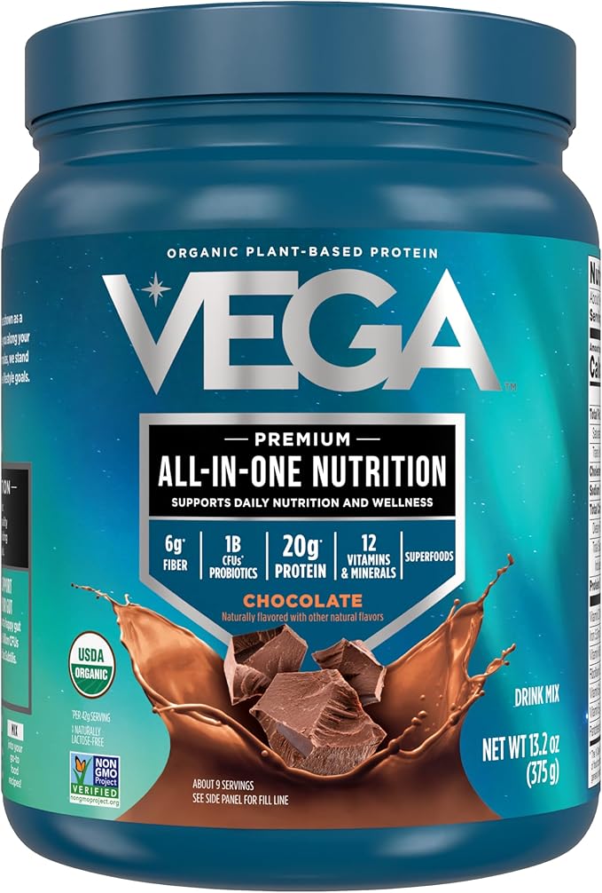Vega Organic All-in-One Vegan Protein Powder Chocolate - Superfood Ingredients Vitamins for Immunity Support Keto Friendly Pea Protein for Women &amp Men 13.2 oz (Packaging May Vary)