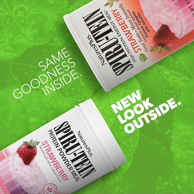 NaturesPlus SPIRU-TEIN Strawberry - 2.4 lb Pack of 2 - Plant-Based Protein Shake - Non-GMO Vegetarian Gluten Free - 64 Total Servings