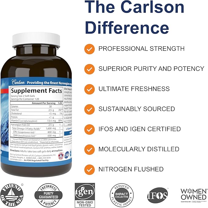 Carlson Elite Omega-3 Gems 1600 mg Omega-3 with EPA &amp DHA Lemon Flavor 240 Softgels – Wild-Caught Norwegian Fish Oil Sustainably Sourced