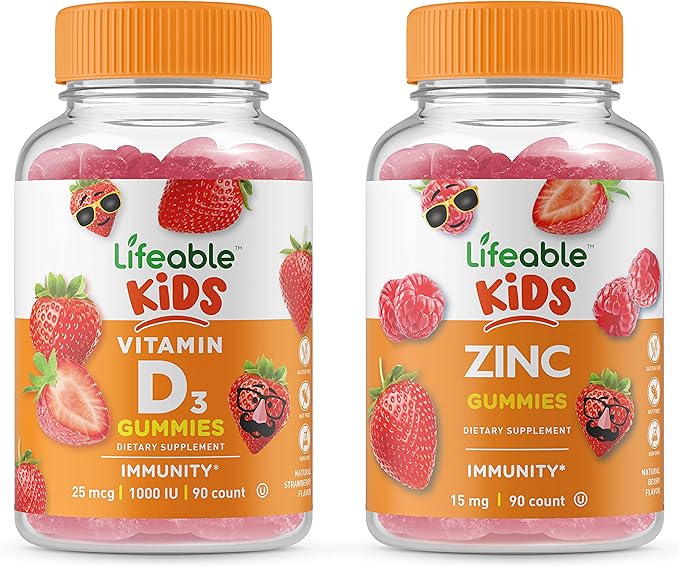 Lifeable Vitamin D Kids + Zinc Kids Gummies Bundle - Great Tasting Vitamin Supplement Gluten Free GMO Free Chewable Gummy